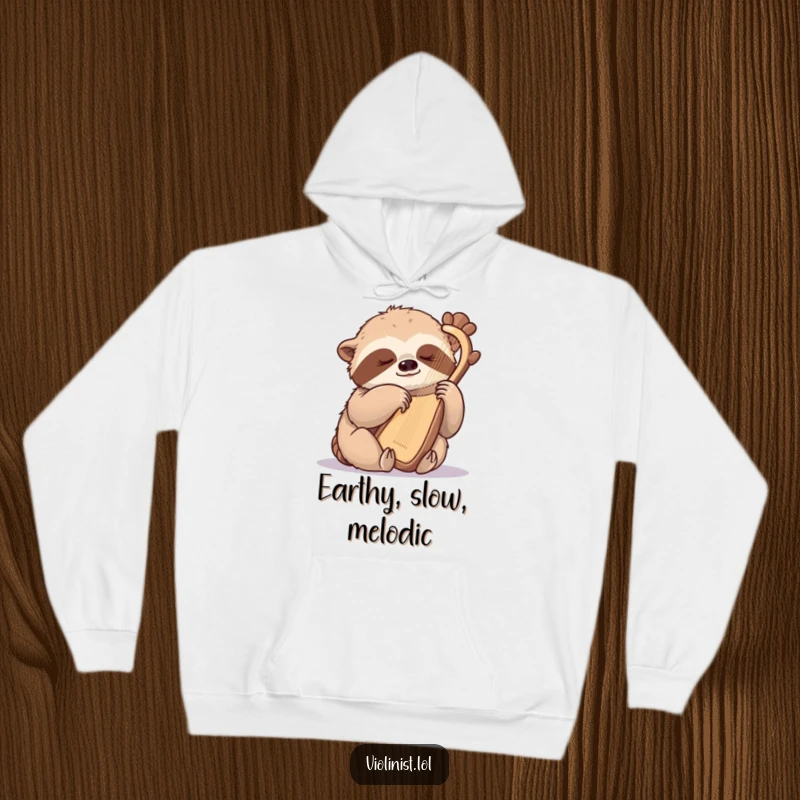 Funny sloth hoodie, a sleepy sloth gently plucking a harp with one claw, embodying peacefulness and musical harmony.