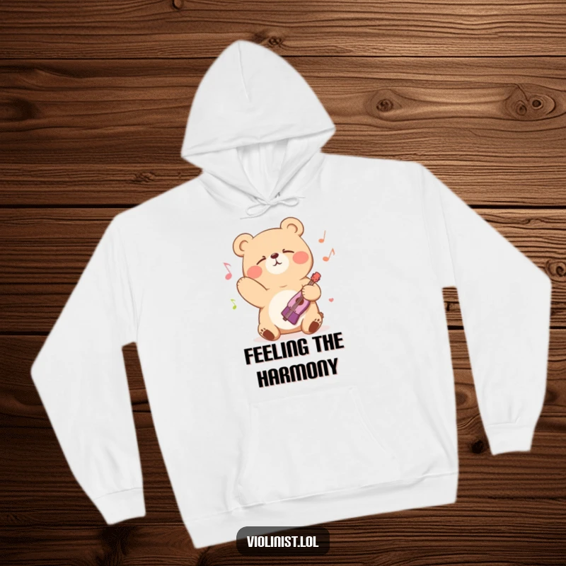 Funny bear bowing passionately with eyes closed, enjoying music, on a cozy hoodie, perfect funny gift.