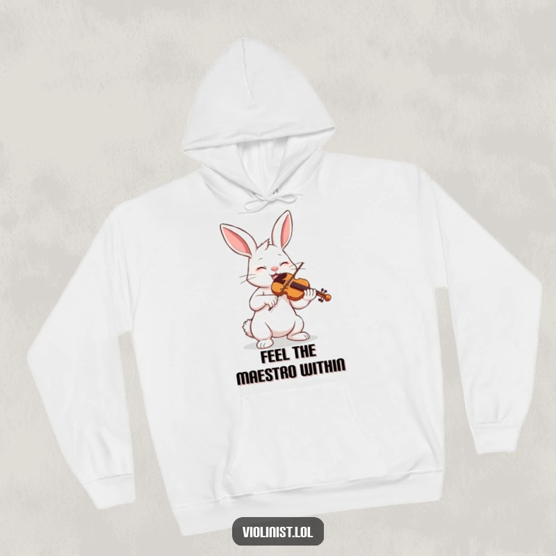 Funny bunny engrossed in playing the violin with eyes shut, perfect for a warm hoodie.