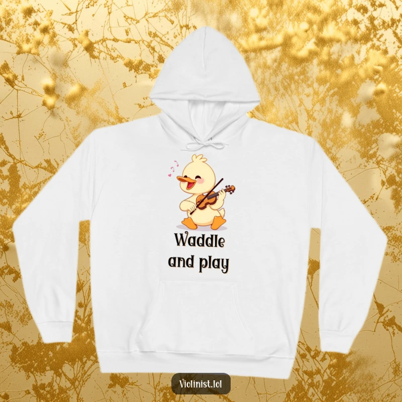 Funny cheerful duck playing a violin with great skill, featured on a comfortable hoodie.