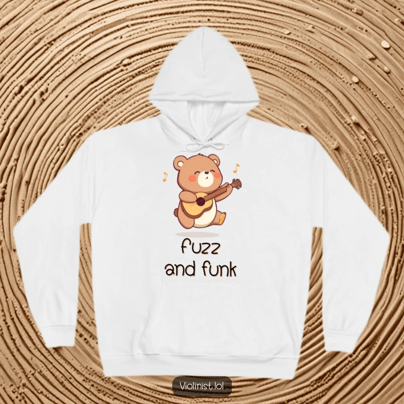 Funny energetic bear hoodie, caught mid-bounce playing a delightful tune, showcasing an infectious love for music and comfort.