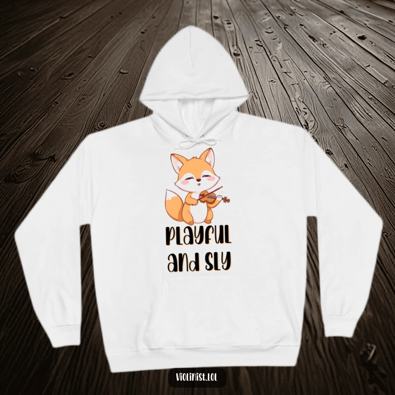 Funny happy fox with closed eyes playing a miniature violin, featured on a comfortable hoodie.