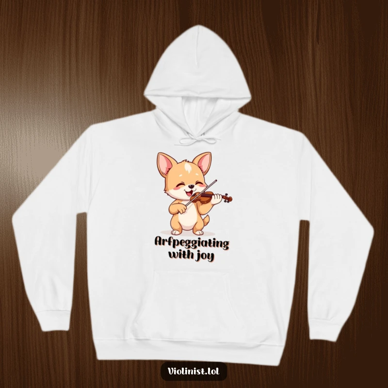 Funny hoodie featuring a happy dog playing violin with ears perked up, radiating infectious enthusiasm and musical talent.