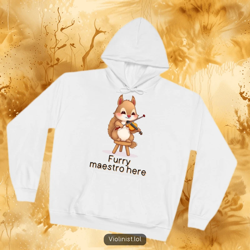 Funny squirrel hoodie showcasing a fluffy rodent playing the violin with perfect balance on a small stool, a charming artist.