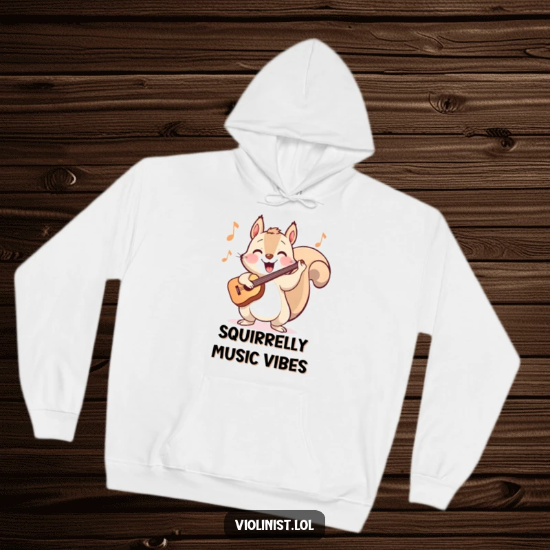 Funny hoodie featuring a happy squirrel energetically bopping its head while playing a cheerful tune on the violin.