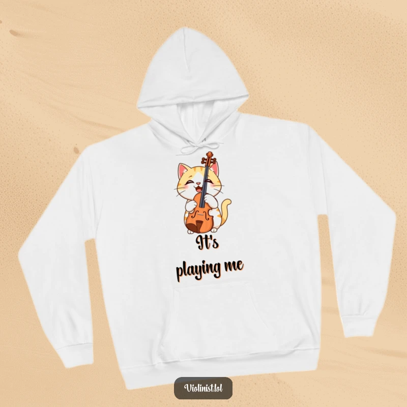 Funny hoodie graphic of a smiling cat holding a violin upside down, expressing adorable confusion about playing music.