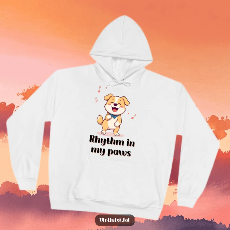 Funny hoodie depicting a happy dog enthusiastically tapping its foot to a melody, bringing rhythmic joy.