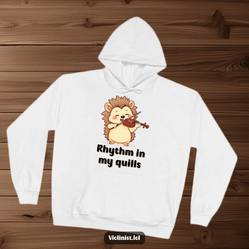Funny hoodie featuring a jolly hedgehog playing violin with a cheerful, rhythmic motion, embodying musical happiness.