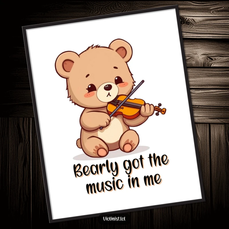 Funny Free Printable Wall Art: A small bear cub with wide, delighted eyes playing the violin with gusto.