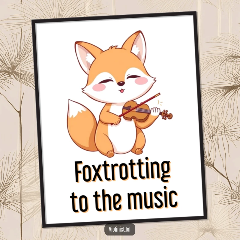 Funny Free Printable Wall Art: A happy fox with closed eyes passionately playing a miniature violin, a picture of pure musical joy.