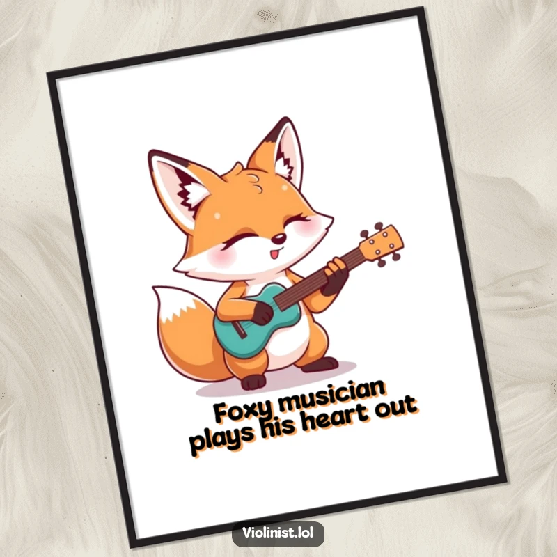 Funny Free Printable Wall Art depicting a determined fox lost in a powerful guitar solo with eyes closed, pure rock energy.