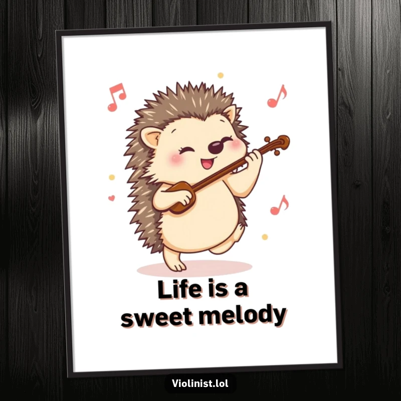Funny Free Printable Wall Art: A happy hedgehog tapping its foot rhythmically to upbeat violin music, full of life and joy.
