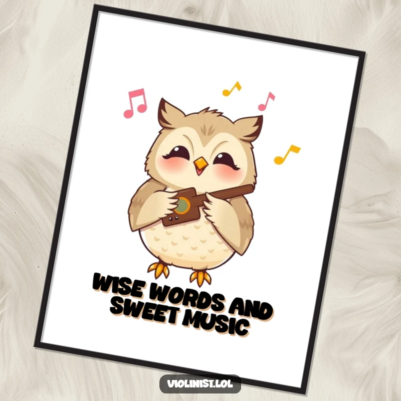 Funny Free Printable Wall Art: Content owl playing a soaring tune with a serene smile, creating a peaceful atmosphere.