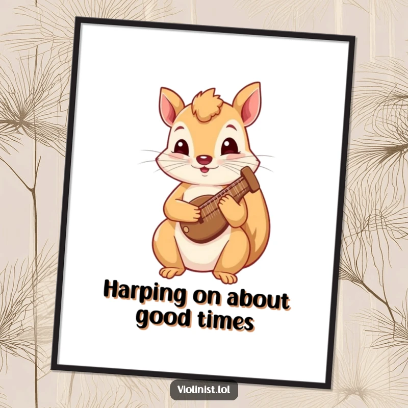 Funny Free Printable Wall Art: A curious squirrel gently playing a tiny harp, creating a whimsical scene of natural musicality.