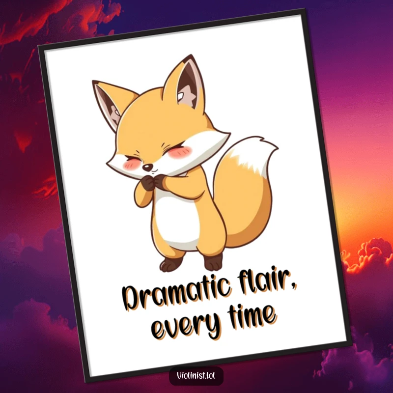 Funny Free Printable Wall Art: Determined fox executing a dramatic bow with a flourish, perfect for a theatrical statement.
