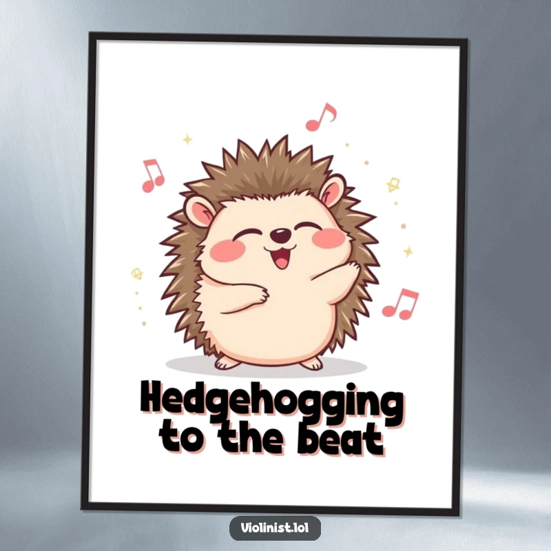 Funny Free Printable Wall Art: Giggling hedgehog with closed eyes, swaying happily to music, exuding pure joy and musical bliss.