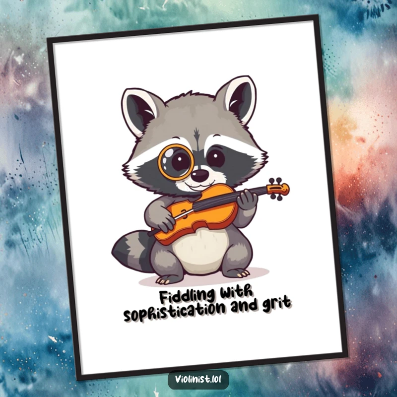 Funny Free Printable Wall Art: A shy raccoon wearing a monocle attempting to play a tiny fiddle, a charming and humorous addition.