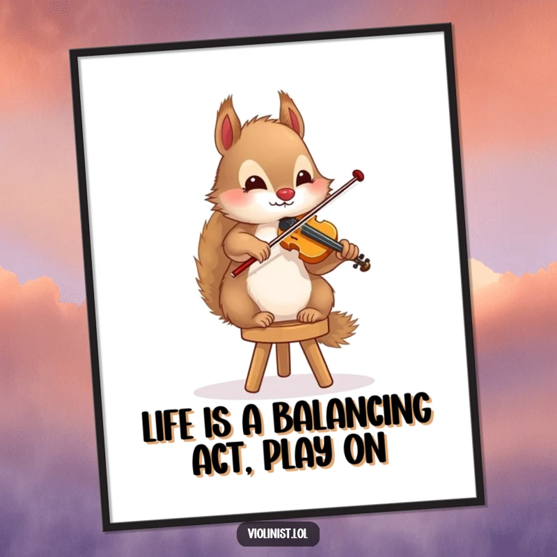 Free Printable Wall Art: A fluffy squirrel balances on a stool while playing the violin, a humorous scene.