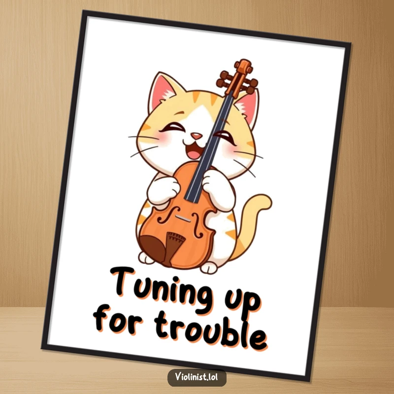 Funny Free Printable Wall Art: Puzzled cat holding a violin upside down, a whimsical piece of art.