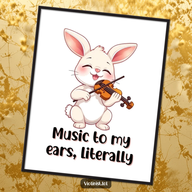 Funny Free Printable Wall Art: A bunny closes its eyes in bliss while bowing a miniature violin.