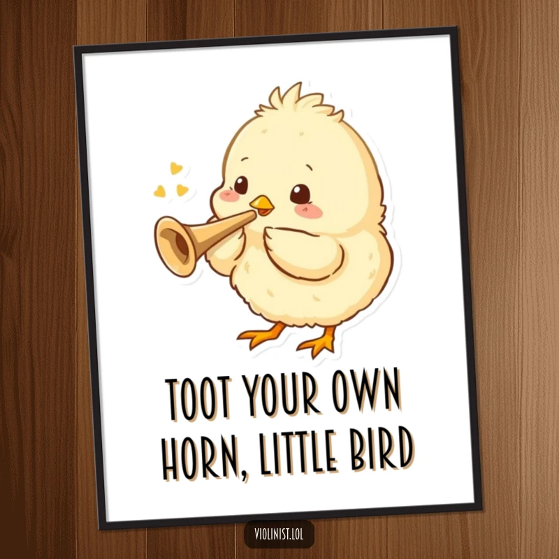 Funny Free Printable Wall Art: Fluffy chick enthusiastically blowing a tiny trumpet, whimsical downloadable decor.