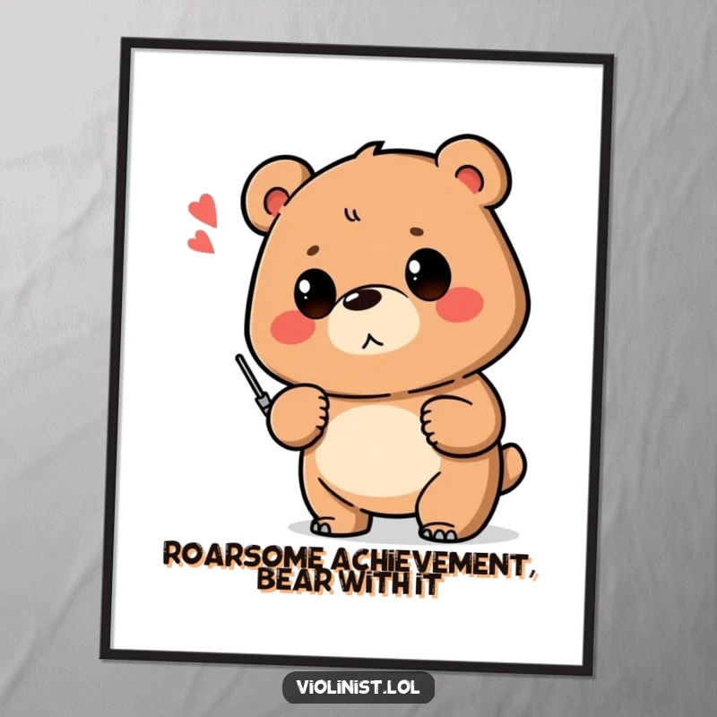 Funny Free Printable Wall Art: Bear looks proud after playing a shaky musical note, humorous downloadable decor.