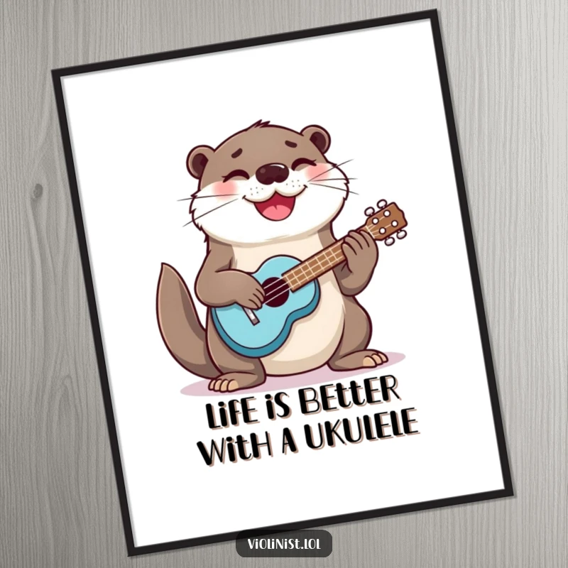 Funny Free Printable Wall Art: A super happy otter enthusiastically strums a ukulele with a wide grin.