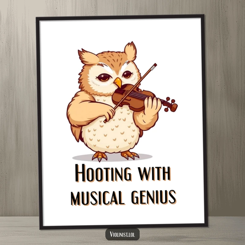 Funny Free Printable Wall Art: Content owl with eyes closed, performing a complex violin piece with immense skill and peaceful expression.