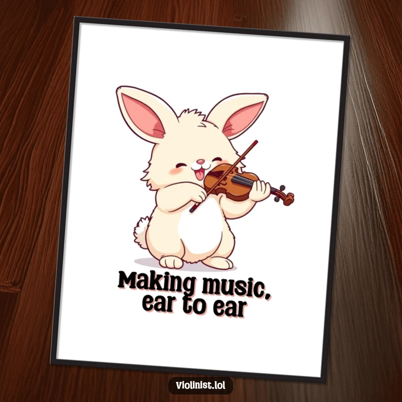 Funny Free Printable Wall Art: Fluffy bunny with big ears joyfully playing a violin with great enthusiasm, whimsical downloadable decor.