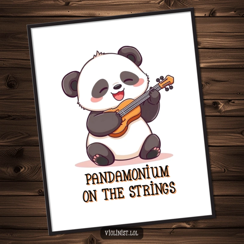 Funny Free Printable Wall Art: Silly panda with a happy grin, energetically strumming a tiny violin with infectious enthusiasm.