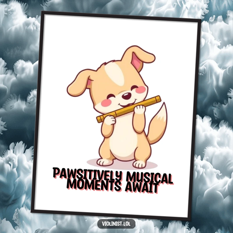 Funny Free Printable Wall Art: a happy dog playing a flute with gusto, tail wagging, whimsical downloadable art.