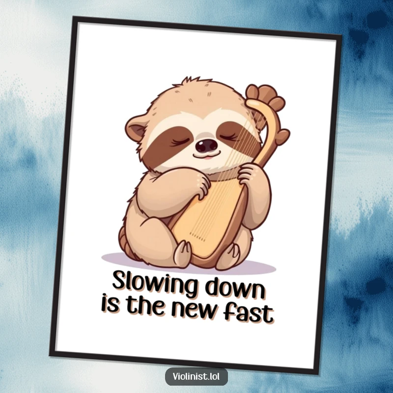 Funny Free Printable Wall Art: a sleepy sloth gently playing a harp, embodying tranquil humor, whimsical downloadable art.