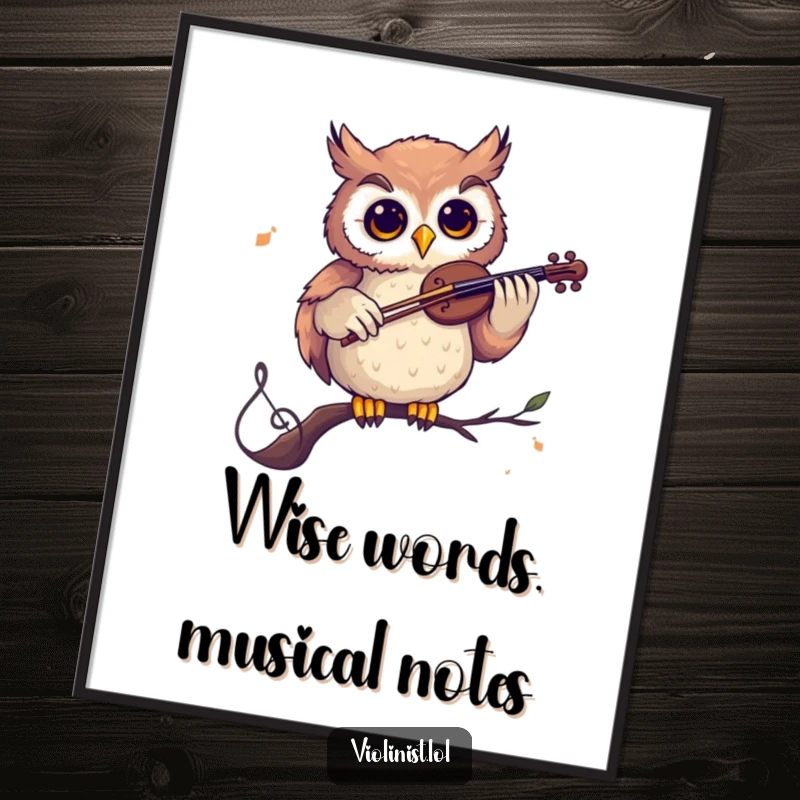 Funny Free Printable Wall Art: A curious owl plays a violin while perched on a musical note, creating artful humor.