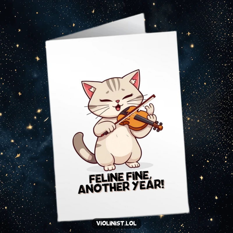 Funny Free Printable Birthday Card: Determined cat violinist playing with dramatic flair, tail twitching, ready for a rockstar celebration.