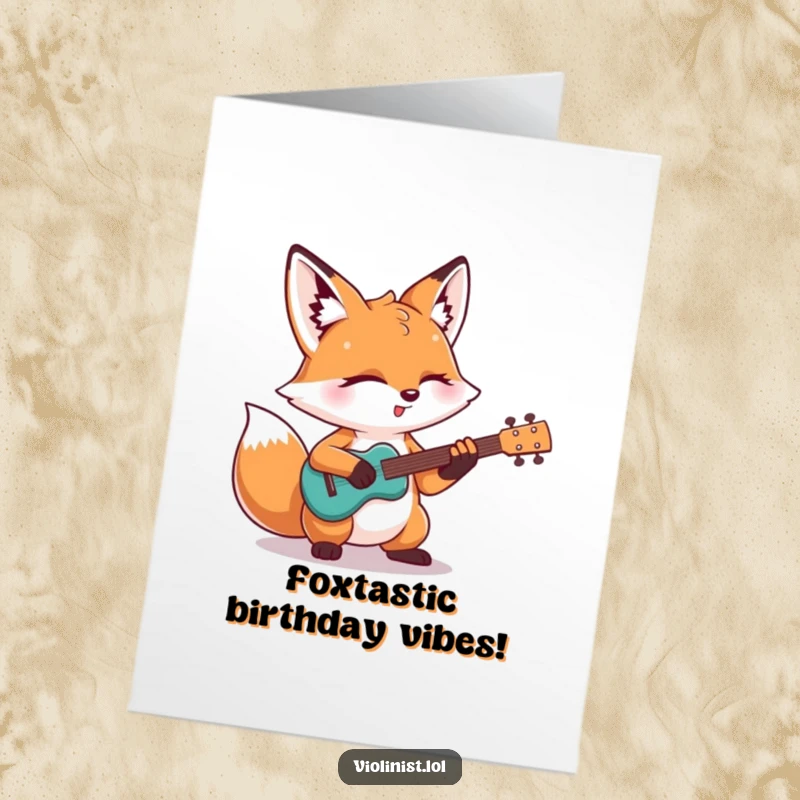 Funny Free Printable Birthday Card featuring a determined fox playing a rock guitar solo with eyes closed in musical bliss.