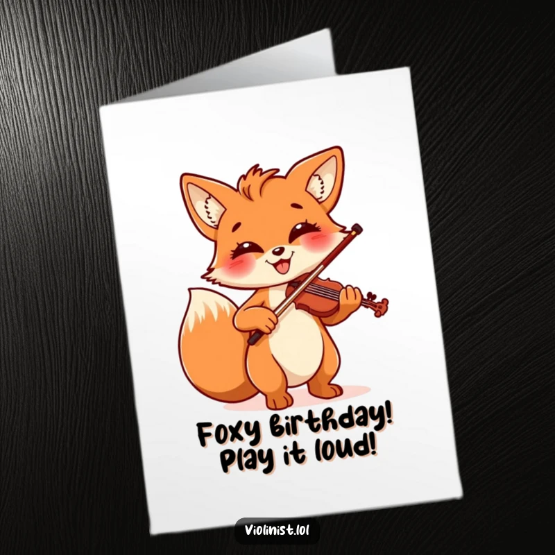 Funny Free Printable Birthday Card: A smiling fox playing violin with musical notes floating, celebrating a birthday.