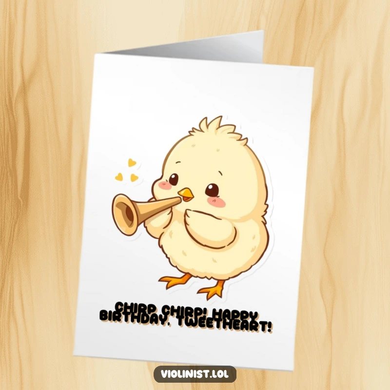 Funny Free Printable Birthday Card: Fluffy chick blowing a tiny trumpet, celebrating with music, downloadable gift.