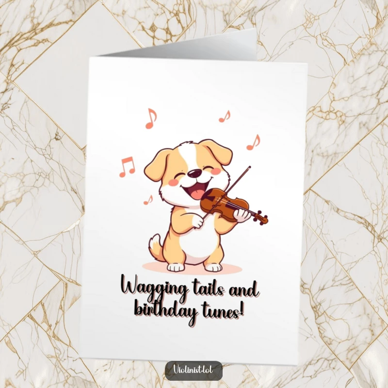Funny Free Printable Birthday Card: A dog happily bobs its head to a lively violin tune, ready to celebrate.