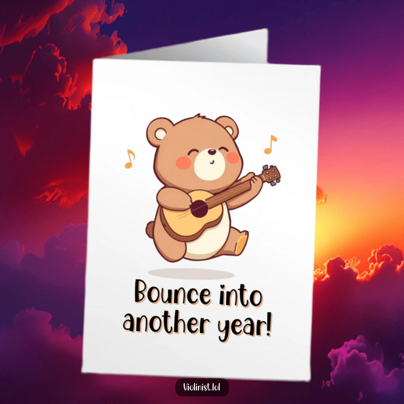Funny Free Printable Birthday Card: Energetic bear joyfully playing a tune with musical notes, perfect for a DIY gift.