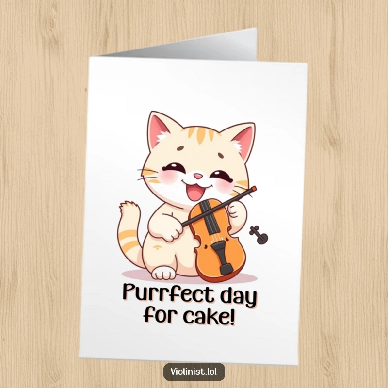 Funny Free Printable Birthday Card: A smiling cat enthusiastically plays a tiny violin, ready to serenade a loved one.