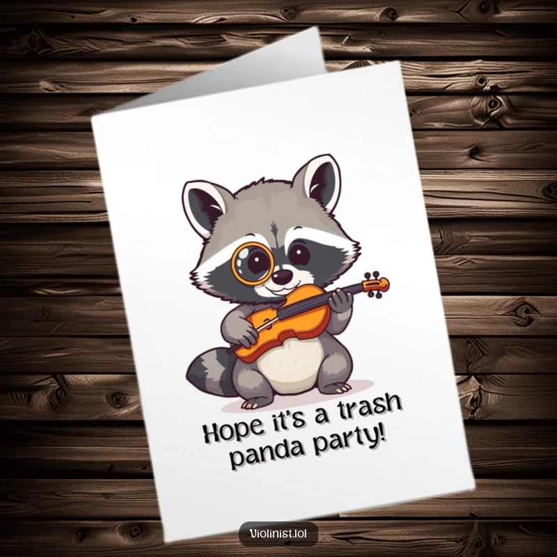 Funny Free Printable Birthday Card: A shy raccoon wearing a monocle attempting to play a tiny fiddle, with endearing effort.