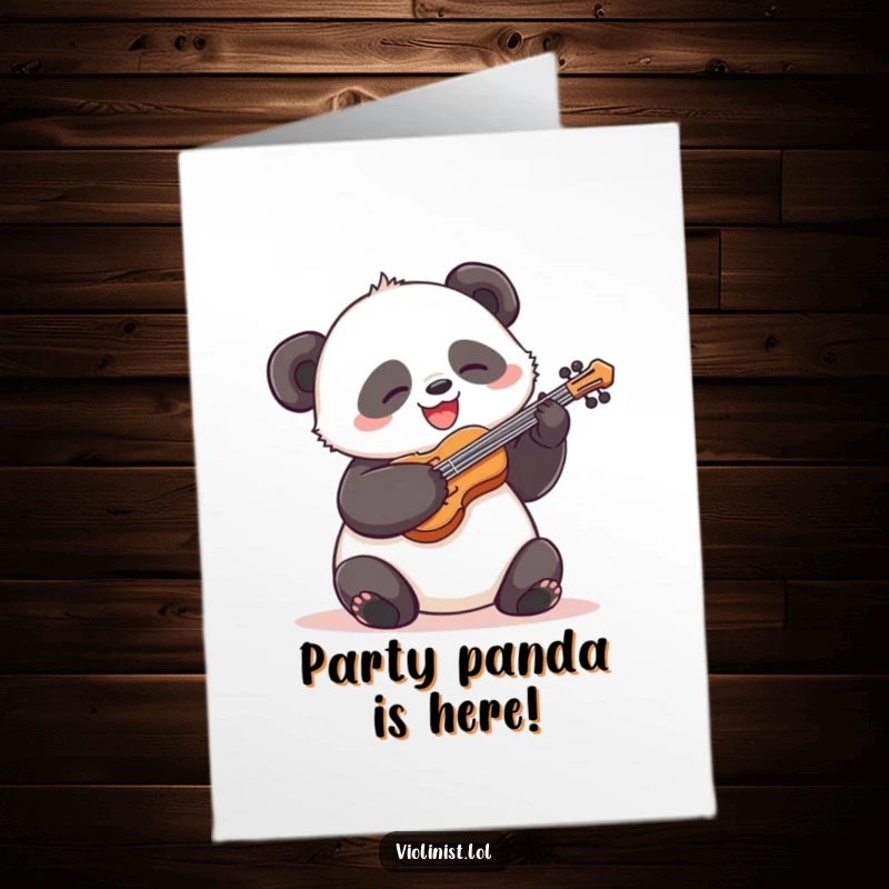 Funny Free Printable Birthday Card: Silly panda with a huge grin, energetically strumming a tiny violin with playful abandon.