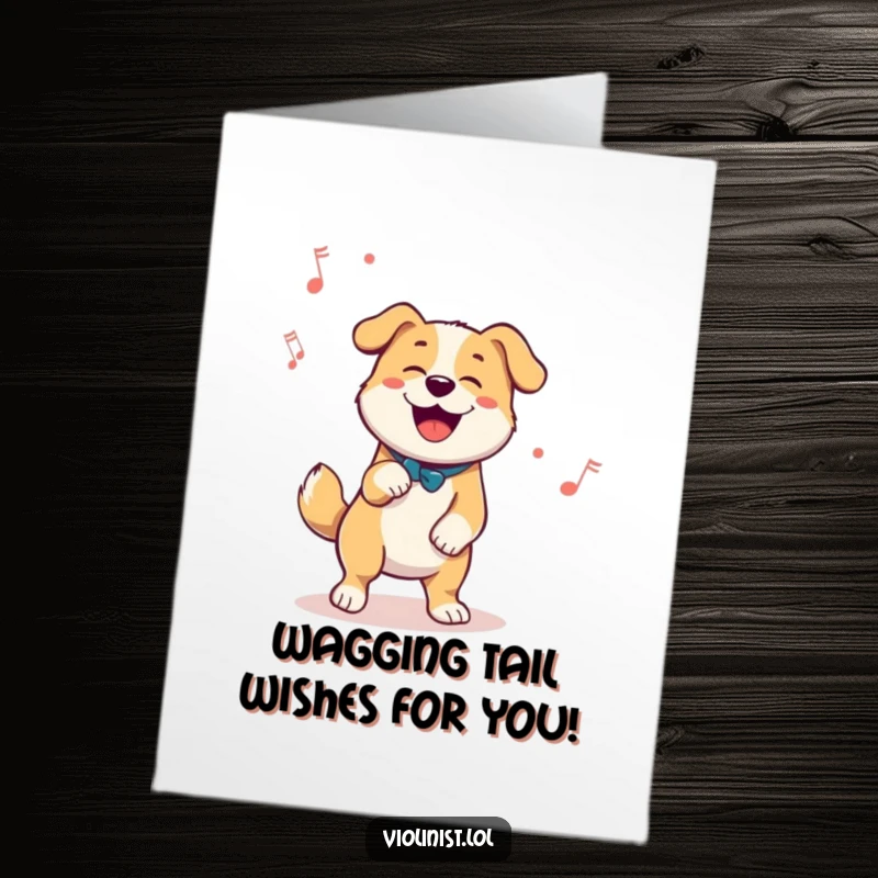 Funny Free Printable Birthday Card: Happy dog joyfully tapping foot to music, celebrating with rhythmic enthusiasm.