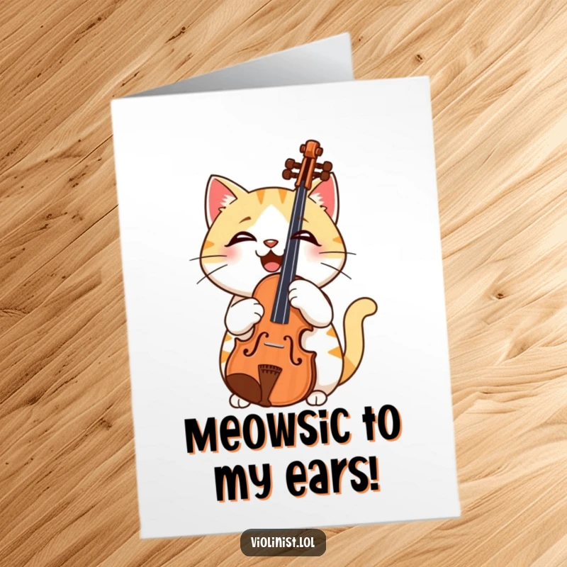 Funny Free Printable Birthday Card: Confused cat holding a violin upside down, questioning musical harmony.