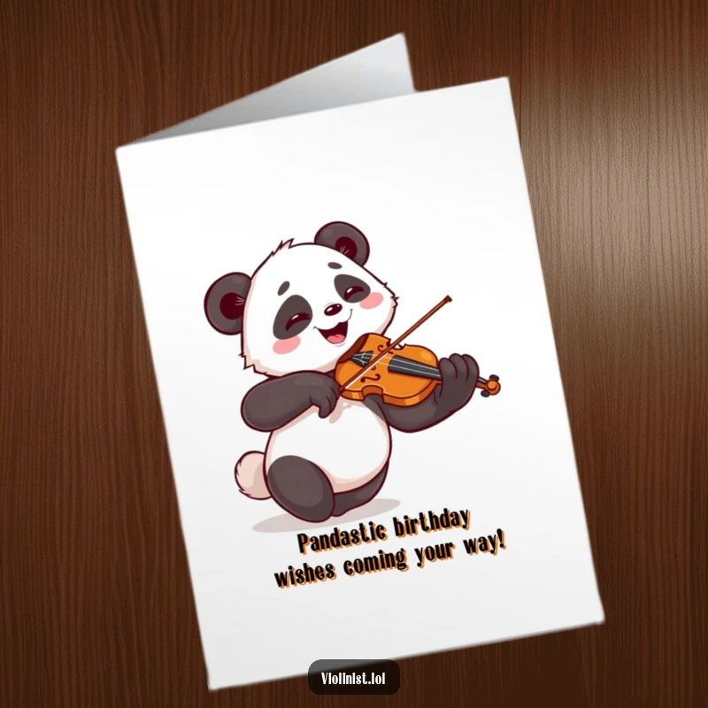 Funny Free Printable Birthday Card: Giggling panda musician plays violin with comic flair, perfect for a laugh.