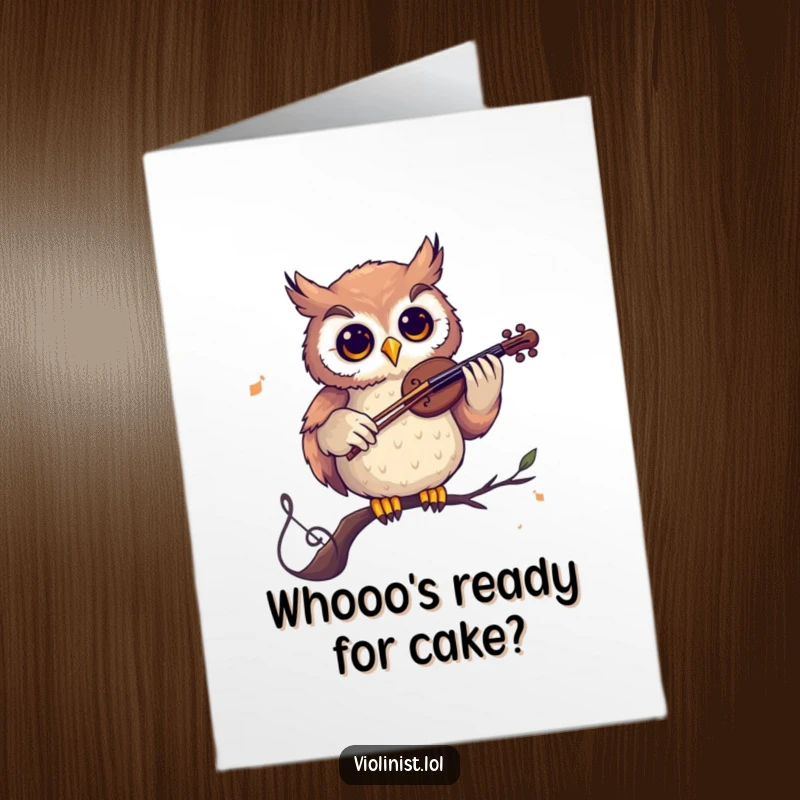 Funny Free Printable Birthday Card: A curious owl plays a violin while perched on a musical note, celebrating musically.