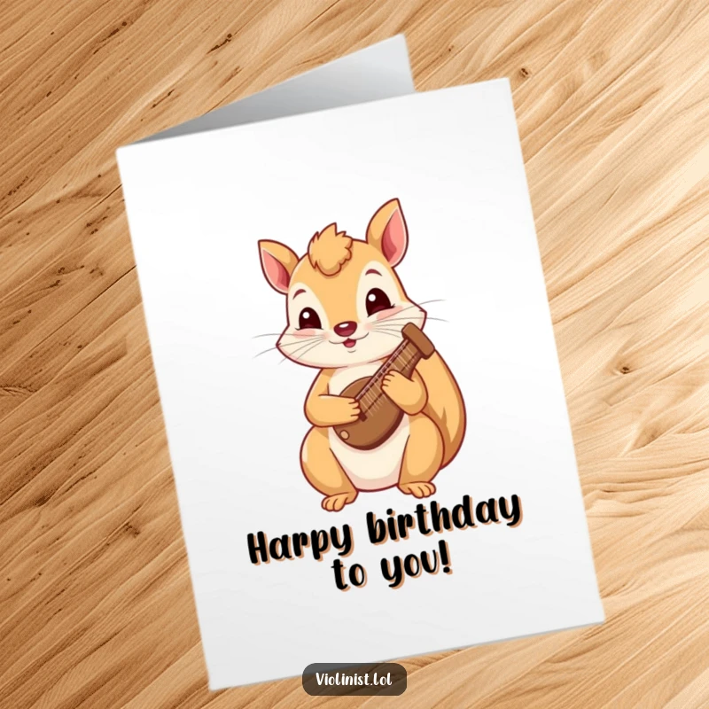Funny Free Printable Birthday Card: A curious squirrel delicately plucking a string on a tiny harp, sending musical birthday joy.