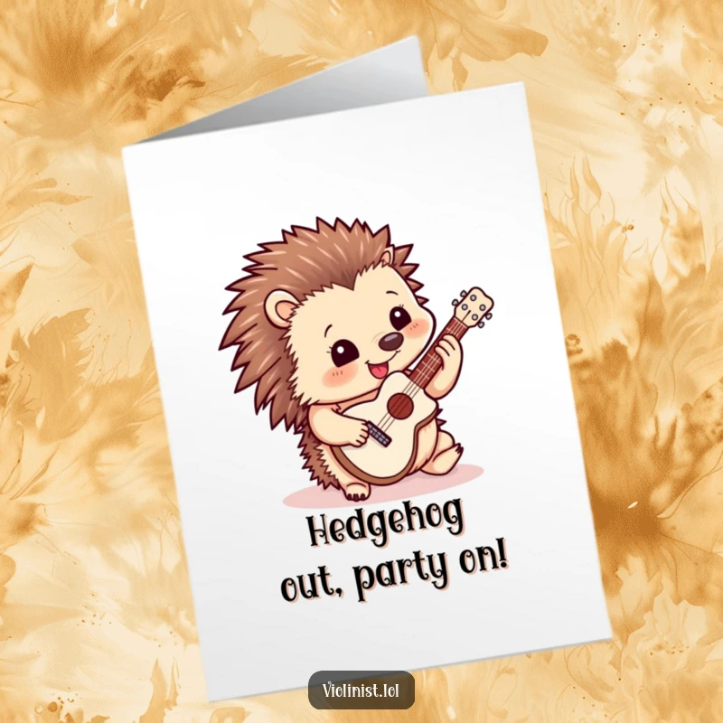 Funny Free Printable Birthday Card: Happy hedgehog strumming a miniature guitar, ready to party.