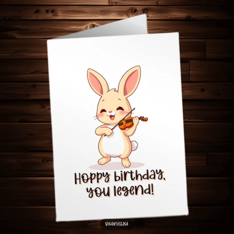 Funny Free Printable Birthday Card: Cheerful Bunny Dancing Enthusiastically While Playing a Tiny Violin