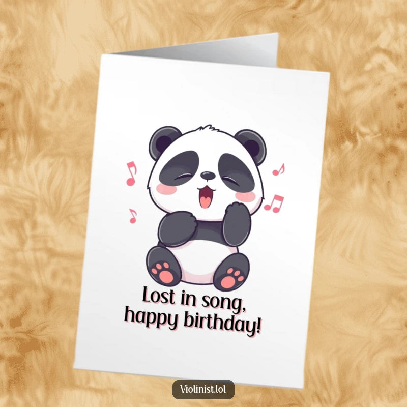 Funny Free Printable Birthday Card: Playful Panda Squeezing Eyes Shut, Deeply Lost in a Melody